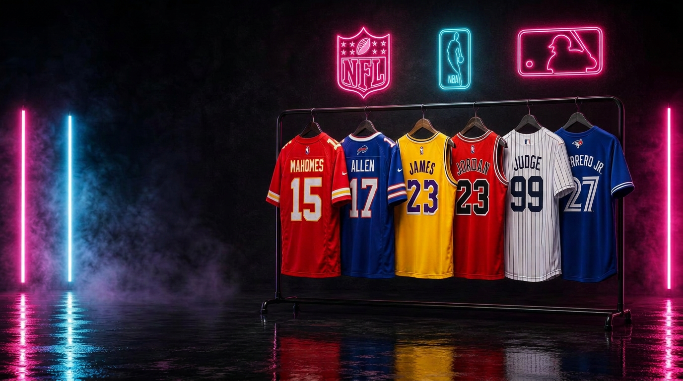 Jerseys officiels NFL, NBA, MLB et soccer dans une ambiance néon GameDay Apparel
