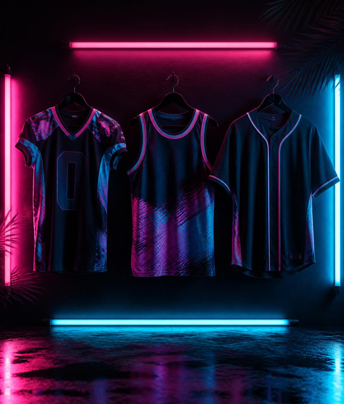 Jerseys de football, basketball et baseball sous des néons rose et cyan